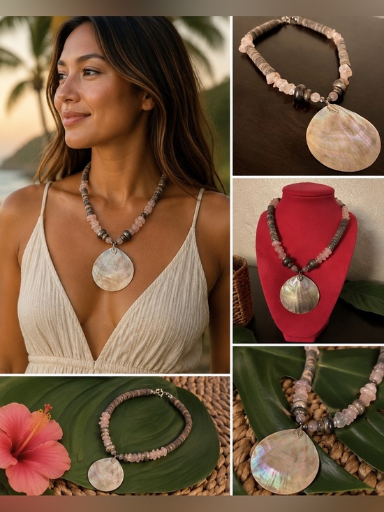 Jewelry - Liberty House Maui Rose Quartz Mother of Pearl Pendant Necklace Tropics Hawaiian